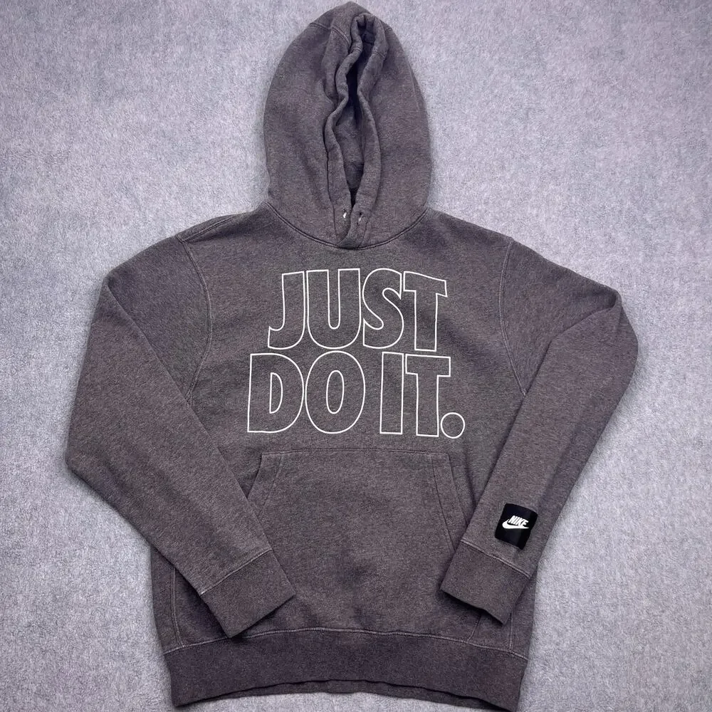 Nike Just Do It Hoodie Mens Small Gray Long Sleeve Drawstring Sweatshirt